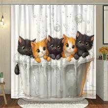 1 Pc Cute Cat Shower Curtain,Durable Polyester Fabric, Waterproof, Punch-Free And Easy To Install, Suitable For Home, Hotel, Vacation, Gift,Bathroom Curtains Shower Set With 12 Hooks,Fun Cartoon Animals Raining Colorful Funny Cute Pets Playing Water Art,Room Decor,Bathroom Decor