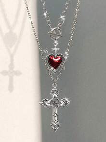 2 件套哥特式 Y2K 风格心形和十字架吊坠项链套装（女士）
