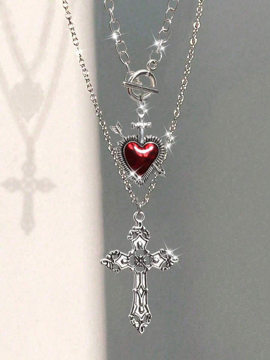 2 件套哥特式 Y2K 风格心形和十字架吊坠项链套装（女士）