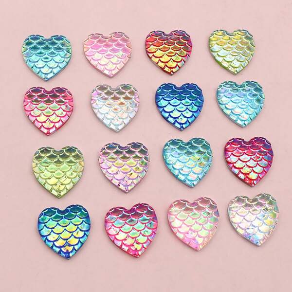 30pcs 12mm Heart Shape Mermaid Fish Scale Resin Cabochons Dome Flat Back DIY Jewelry Making Accessories For Earrings Bracelets