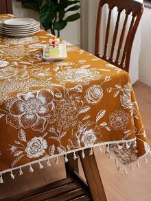 1pc American Country Nordic Style Hydrangea & Peony Embroidered Tassel Tablecloth, Suitable For Coffee Table, Dining Table - Yellowish White - View 5