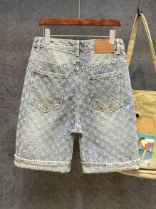 休闲时尚个性化提花牛仔短裤，夏季修身款 - 淺藍色 - 查看 2