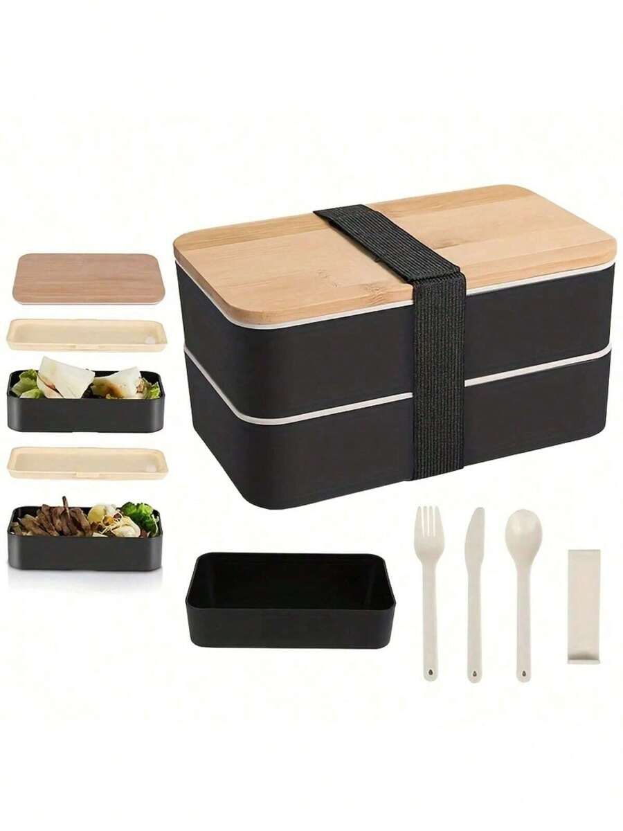 1 pieza Caja de almuerzo de madera para exteriores, caja de almuerzo para microondas, caja de almuerzo a prueba de fugas portátil, caja de almuerzo con cubiertos, caja de almuerzo para estudiantes japoneses, utilizada para la escuela, la pesca, el camping, Eid Al Fitr, Mubarak, útiles escolares