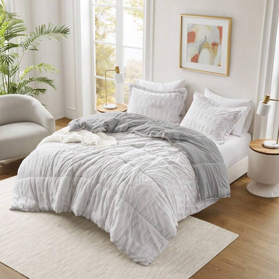 2/3 Pieces Soft Plush Gia Long Faux Fur Design Comforter Set, Mid Century, Modern All Season Down Alternative Bedding Set With Matching Sham, Christmas Thanks Giving Gifts - Xám/Trắng - Xem 1