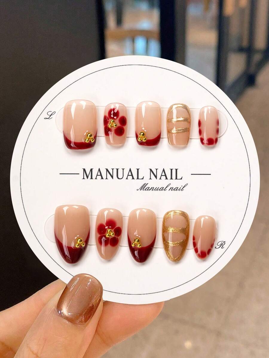 10 件手工粉色-红色大理石按压指甲 | 3D 金珠和花卉法式指尖设计 | 渐变色假指甲，适合婚礼、派对 | 女士奢华美甲礼品套装 美甲用品 - 彩色 - 查看 1