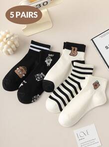 5 Pairs Black And White Women's Socks, Cute Cartoon Dog Bear Letter Jacquard Women's Ankle Short Socks, Casual Daily Wear