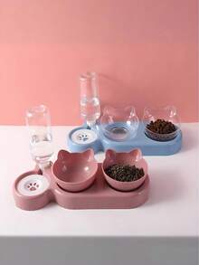 宠物碗二合一饮水喂食器，猫碗狗碗双碗，斜口保护颈椎，自动饮水食碗，防倾倒，猫粮狗饭碗，猫用品，宠物用品 - 彩色 - 查看 2