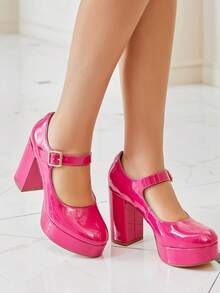 Women's T-Strap Round Toe Platform Heels Chunky Heel Patent Mary Jane Dress Shoes Christmas Gift & New Year Gift - 玫紅色 - 查看 3