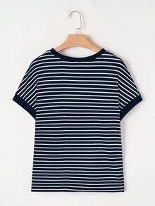 Acelitt Striped Contrast Color Shoulder Short Sleeve Knit Casual Round Neck T-Shirt, Summer - Navy Blue - View 2