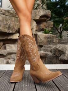 2024 Spring/Fall New Plus Size Women's V-Cut Pointed Toe Chunky Heel Embroidery Western Cowboy Boots, Outdoor Fashion Slip-On Mid-Calf Boots