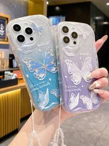 Accesorio de teléfono estilo Fairycore de 1 pieza, soporte de tarjeta con degradado azul y brillos + pulsera con mariposa + funda de TPU azul anti-caída compatible con iPhone 15/15Pro/15Plus/15Promax Kawaii