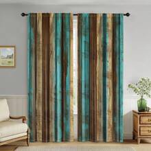 2pcs Country Style Wood-Look Blackout Curtains - Brown And Teal Wood Panel Rustic Farmhouse Curtains, Suitable For Bedroom And Living Room, Semi-Sheer, Machine Washable Polyester, Rod Pocket Hanging, Bedroom Decor | Country Style Curtains | Washable Fabric, Living Room Curtains