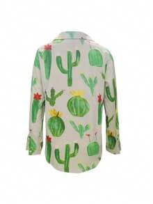 母亲节仙人掌印花简约衬衫，休闲长袖纽扣衬衫，女士 - 綠色 - 查看 3