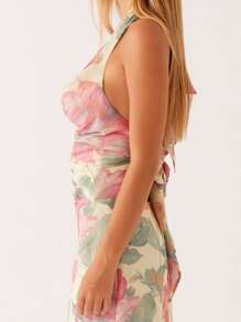 Halter Long Dress For Women Summer Fashionable Flower Print Backless V Neck Slim Fit Sleeveless Dress