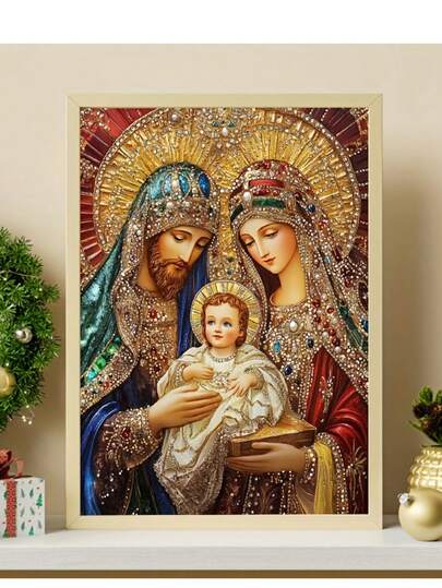 1 件成人宗教 5D 钻石画套装 - 全钻石圣家族设计，DIY 圆形水钻艺术品，适合初学者和爱好者的家居装饰彩色马赛克工艺品，无框墙壁艺术礼物，适合卧室和客厅，完美的圣诞节和万圣节，29.97x40.13 厘米，Diamantkunst