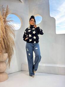 Women's Plush Blouse Coat Star Print Zipper Turtleneck Warm And Comfortable Fall Winter Fashion - 黑與白 - 查看 5