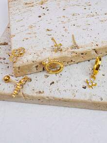 6pcs Flower Pendant Earrings Set, Stackable, Women's Casual Zirconia 14K Gold Plated Earrings, Suitable For Vacation, Party Wear, Fashion Accessory - Gold - View 3