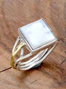 1 peça anel quadrado elegante de pedra da lua natural com enrolamento vazado, dourado de duas cores, com metal estilo boêmio, anel de duas cores para mulheres, adequado para várias atividades, ocasiões formais, combinação de roupas diárias