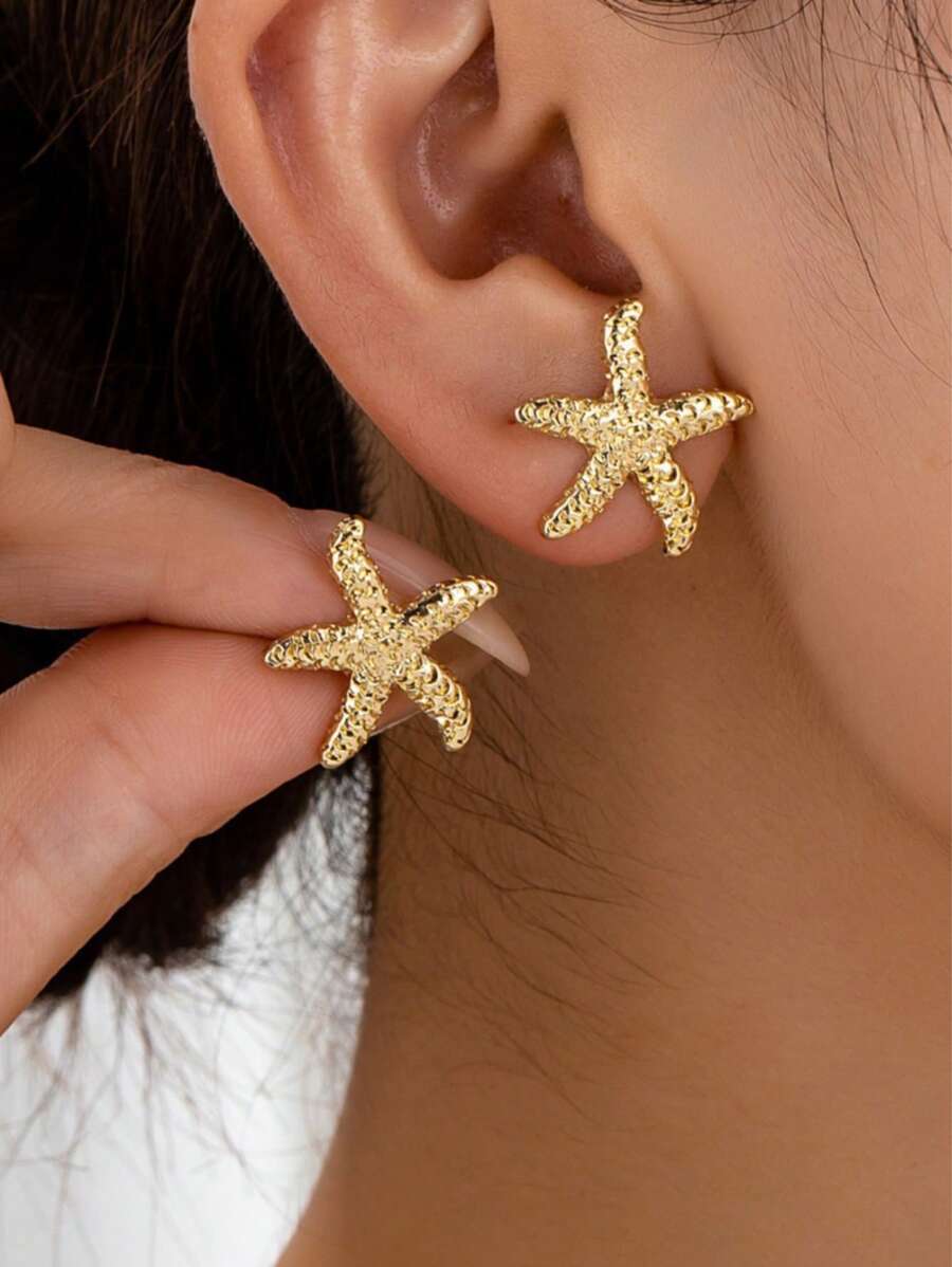1 par de pendientes tipo mariposa minimalistas y asimétricos con diseño de estrella de mar estilo playa y océano para mujer, aptos para uso diario