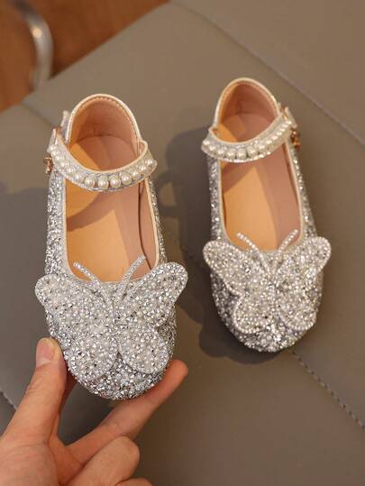 1 par de zapatos planos de princesa con decoración de perlas y cristales en forma de lazo, color rosa, punta redonda, adecuados para uso diario, baile, exterior en primavera y otoño, talla grande 2025, cierre cerrado, decoración brillante, talla pequeña media talla