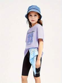 Annil Camiseta de manga corta de punto con cuello redondo, estampado de letras y contraste, nueva de verano, informal, con estampado de flores, versátil y dulce, para ropa de niños