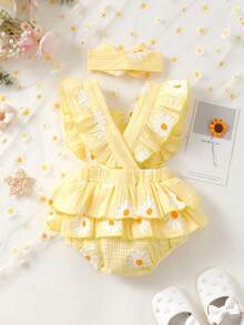 Baby Girl Cute Daisy Cap Sleeve Bodysuit + Headband Set - Yellow - View 2