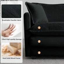Luxury Modular Sectional Sofa, 146.5" Modern Chenille Comfy Cloud Couches For Living Room Office, 4 Seater Deep Sofa With 2 Armrest Pillows And 4 Toss Pillows, Black - Black 4 Seat - 查看 5