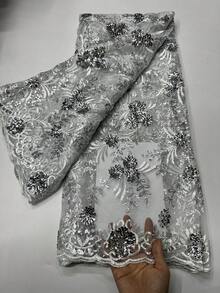 2025 新款时尚优质蓝色/金色亮片花卉刺绣蕾丝花边网布，1 码/5 码女装手工缝纫薄网眼蕾丝面料，适合非洲/尼日利亚/法国红色/银色女士婚纱派对晚礼服制作服装缝纫面料，家居 DIY 装饰面料