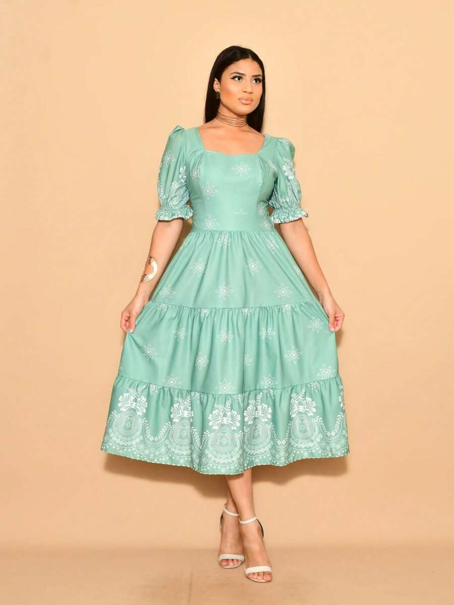 Helena Midi Dress With Crepe Print, Stretch On The Back, Short Sleeves - Màu xanh Bạc hà - Xem 1