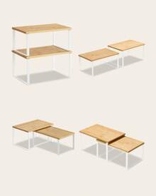 Étagère à Épices, Lot de 2, Organisateur de Placard, Étagère de Rangement de Cuisine Extensible, Porte-épices Empilable, Métal, Bois d'Ingénierie, Blanc Nuage et Beige Naturel