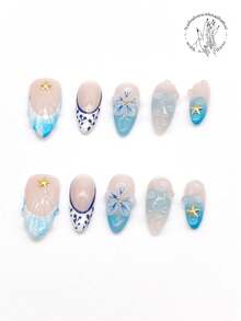 10片纯手工制作的按压式美甲贴，美甲用品，美甲贴纸，沙滩必备，25毫米长，粉色、白色等多种颜色，手绘红色花苞枝条，手绘红色花朵，红白圆点，黑色斑点装饰。春夏风格，可爱美甲贴纸。