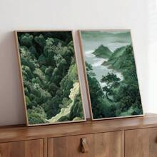 Conjunto de 2 pôsteres de parede de arte japonesa Zen Green Forest Mountain sem moldura, impressão em tela, minimalista, Japandi Wabi Sabi, pintura de paisagem abstrata para apartamento, sala de estar, quarto, decoração de casa moderna