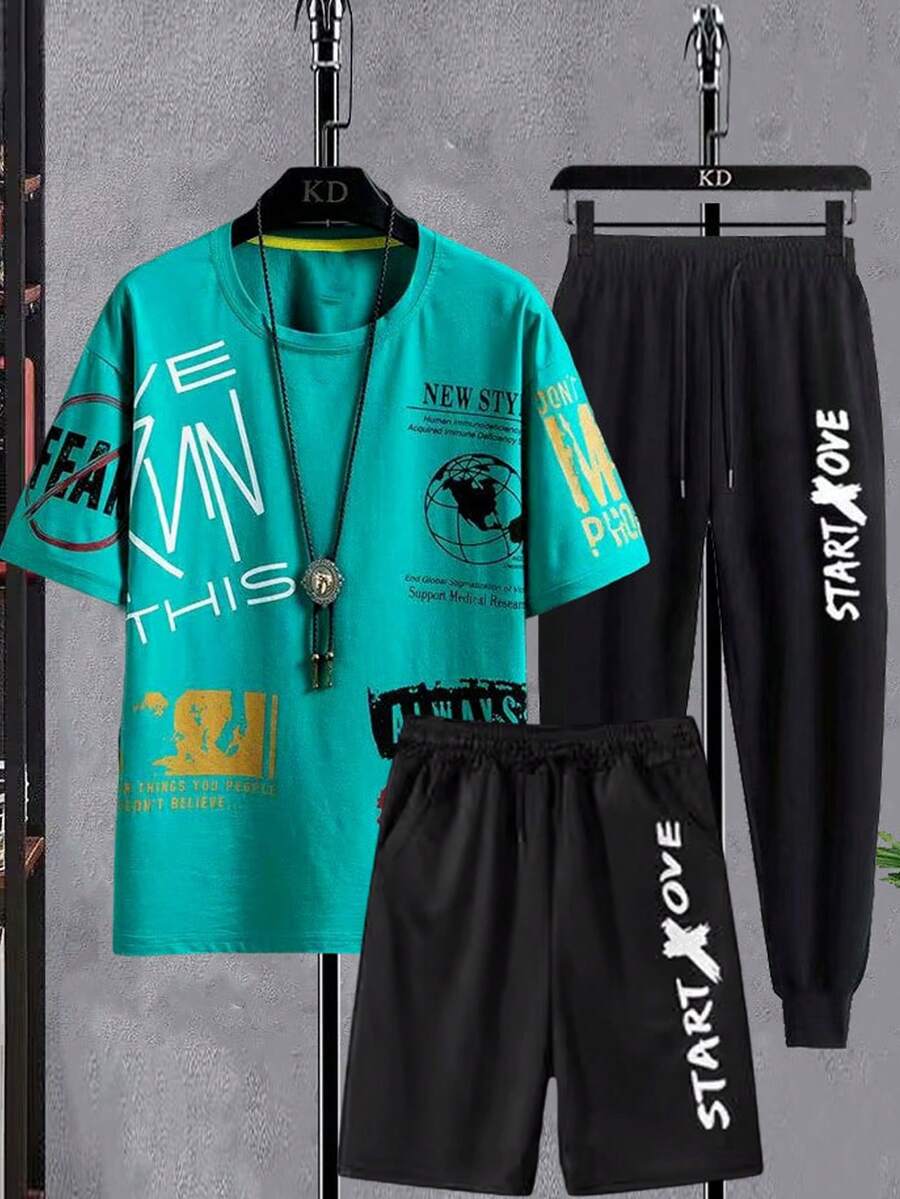 Conjunto de camiseta de manga corta con cuello redondo y estampado de letras, y pantalones cortos casuales para hombre. Conjunto de 3 piezas de verano para hombre - Verde - Ver 1