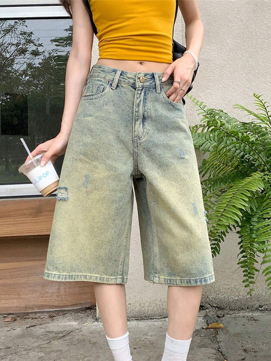 Distressed American Style Wide Leg 7/8 Length Loose Casual Ripped Straight Leg Cropped Jeans For Women - Blue - View 1