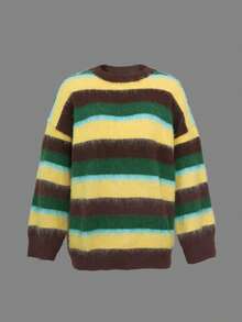 2025 Autumn/Winter New Fashion Niche Round Neck Contrast Color Striped Casual Long Sleeve Women Sweater, Wool Material