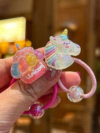 Set de 2 scrunchies para el cabello de niños, diseños lindos de unicornio, helado, arcoíris, nube, seta para niñas pequeñas