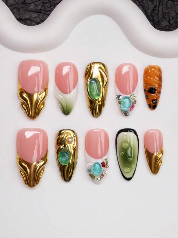 10pcs Handmade Almond Shaped Nail Tips With French Edges, Gradient, Gems And Water Droplet Elements, Y2K Baddie Style In Nude, Green, White, Gold, Amber Colors, Suitable For Women And Girls, Comes With Accessories, Great Gift For Ladies And Girls, Applicable For Party, Ball, And Daily Wear