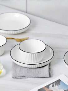 4pcs/2pcs Ceramic Vertical Stripe Bowls 5.1 Inches And Plates 6.9 Inches, Simple Handmade Ceramic Tableware, Japanese Rice Bowls, Dessert Bowls, Suitable For Home Kitchen, Dining Party, Kitchen Utensils, Oven And Microwave Friendly