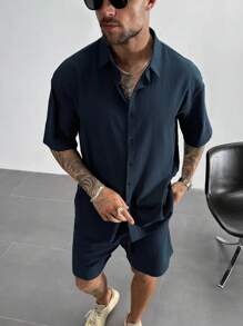 Men's Drop Shoulder Shirt, 100% Cotton Short Sleeve Shirt, Solid Color Loose Fit Turndown Collar Shirt, Breathable Business Casual Office Wear, Vacation Casual Gift, Gift For Dad, Retro Black Shirt