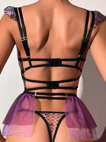 3 Pcs Women's Sexy Sheer Gauze & Fishnet Lingerie Set With Floral Embroidery - V Neck Open Back Off The Shoulder Breathable Hand Washable Bra With Underwire & Thong & Waist Skirt With Chain Garter Belt & Leg Rings - Perfect For Uniform Temptation - 紫色 - 查看 2