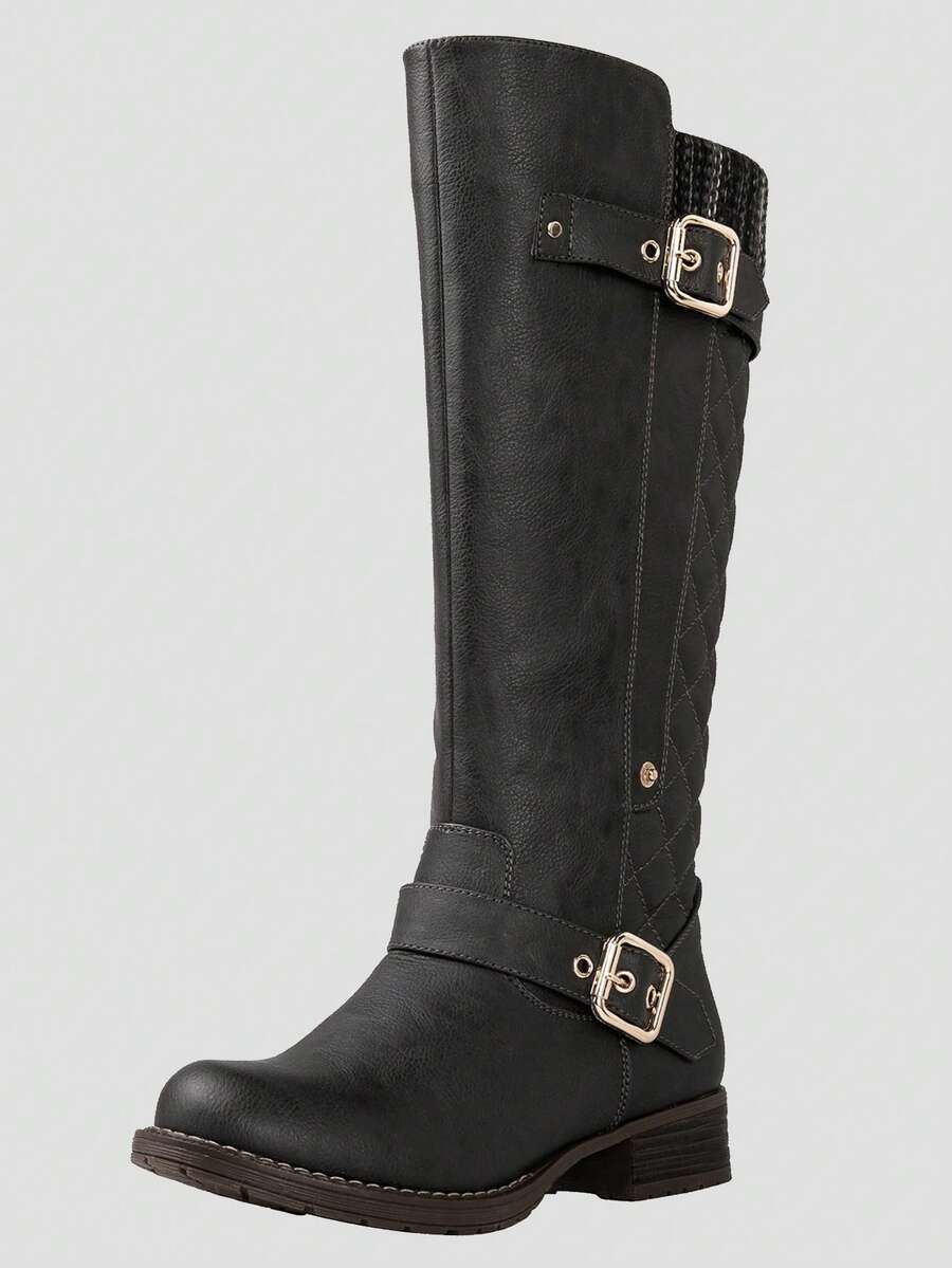 GLOBALWIN Women's Quilted Knee High Boots For Women Low Heel Comfortable Fashion Riding Boots Fall Boots Holiday Season Winter Boots - Grey - View 1