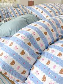 3/4pcs Ditsy Floral Bow Kitty Bedding Set (1*Duvet Cover + 1*Bed Sheet + 1/2*Pillowcase) Cherry Blossom Ditsy Floral, Cartoon Line Bear Print, Fashion Pattern, Soft Touch, Skin-Friendly Fabric, Machine Washable, Suitable For All Seasons, Duvet Cover & Pillowcase Without Filler - Multicolor - View 35