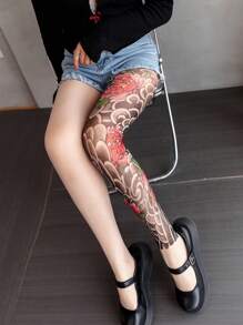 1 Pair Of Spring And Summer Flower Legs Stockings 360-Degree Tattoo Printed Socks For Women, High-Quality Colorful Tattoo Domineering Pantyhose