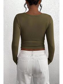 Women's 2025 Fall Long Sleeve Henley Shirts Button Ribbed Knit Casual Basic Tops Blouse - xanh quân đội - Xem 2