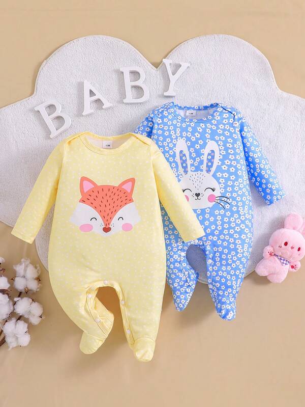 2pcs/Set Newborn Baby Cute Fox & Rabbit Floral Print Romper Jumpsuit
