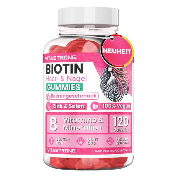 Vitastrong Biotin Komplex Vegan Vitastrong, 120 Gummies für Haare, Haut, Nägel Ohne Saccharose, Hochdosiertes Biotin mit Vitamin C, Antioxidans Vitamin E, Zink, Vitamin B6, Folsäure, Selen, Jod