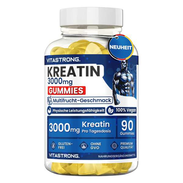 Vitastrong Vitastrong Kreatinmonohydrat 3000 mg – 90 vegane Fruchtgummis, zuckerfrei, glutenfrei und gentechnikfrei, Multifruchtgeschmack, Alternative zu Kapseln und Tabletten