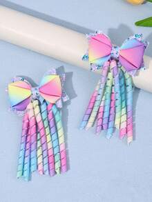 2pcs Colorful Shiny Korker Hair Clips, Suitable For Girls, Ombre Rainbow Color Hair Clips, Multi-Tail Design, Satin Alligator Clips, Shiny Teenage Hair Accessories, Gift For Girls - Multicolor - View 2