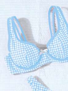 Bộ bikini 2 mảnh mới dành cho nữ, kiểu dáng hở lưng, in họa tiết hoa nhí với trang trí kim loại, thích hợp cho kỳ nghỉ hè ở bãi biển. - Màu xanh nhạt - Xem 6