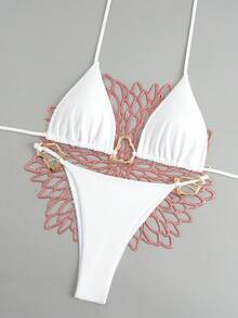 New Sexy European And American Style Solid Color Strap Buckle Accessory Bikini Swimsuit For Women Vacation Beach White Summer - White - View 2